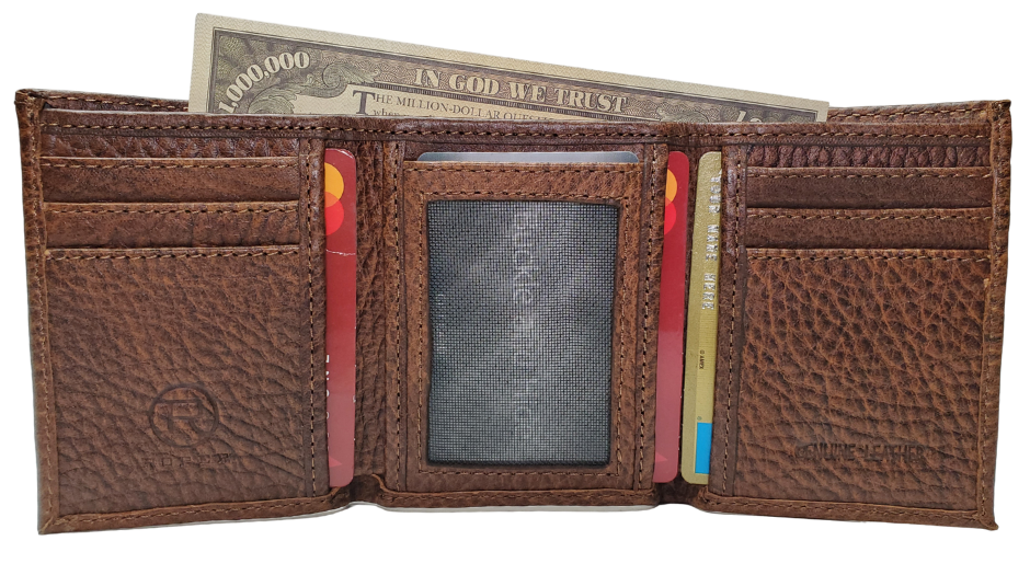INSIDE VIEW Roper Bison Tri-Fold Wallet. Made from Genuine Bison Leather inside and out in a Classic Design. Featuring on 6 card slots and I.D. pocket along with 2 underside pockets, and 1 cash pocket. In stock at our Smyrna, TN retail store 30 min. from downtown Nashville. Imported.