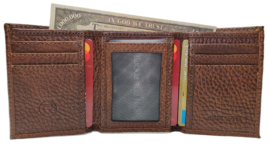 INSIDE VIEW Roper Bison Tri-Fold Wallet. Made from Genuine Bison Leather inside and out in a Classic Design. Featuring on 6 card slots and I.D. pocket along with 2 underside pockets, and 1 cash pocket. In stock at our Smyrna, TN retail store 30 min. from downtown Nashville. Imported.
