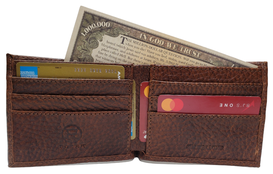Roper Bison Bi Fold Wallet. Classic design on the inside made from soft durable Bison leather. Featuring 6 card slots, 2 underside pockets, and a single cash slot. In stock at our Smyrna, TN retail store 30 min. from downtown Nashville. Imported.
