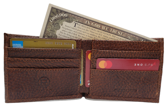 Roper Bison Bi Fold Wallet. Classic design on the inside made from soft durable Bison leather. Featuring 6 card slots, 2 underside pockets, and a single cash slot. In stock at our Smyrna, TN retail store 30 min. from downtown Nashville. Imported.