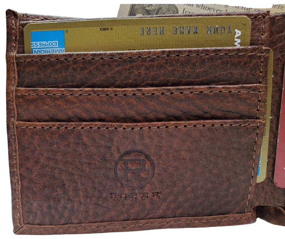 Roper Bison Bi Fold Wallet. Classic design on the inside made from soft durable Bison leather. Featuring 6 card slots, 2 underside pockets, and a single cash slot. In stock at our Smyrna, TN retail store 30 min. from downtown Nashville. Imported.