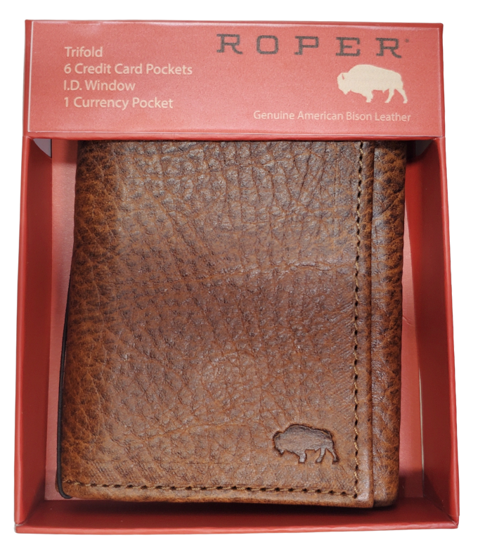 Roper Bison Tri-Fold Wallet. Made from Genuine Bison Leather inside and out in a Classic Design. Featuring on 6 card slots and I.D. pocket along with 2 underside pockets, and 1 cash pocket. In stock at our Smyrna, TN retail store 30 min. from downtown Nashville. Imported.