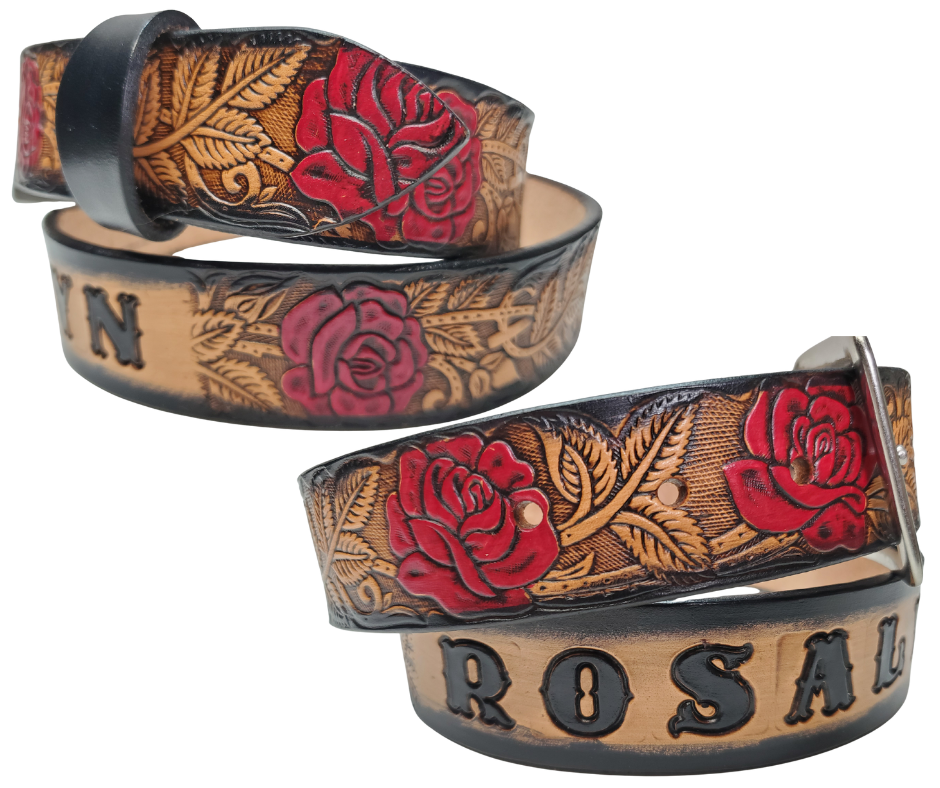 The Rose Bud Leather Name belt with a detailed Timeless Rose Vine pattern. This is the Deluxe version which means it has extra color added to enhance the pattern. Like our other belts it has snaps for easy change of buckles. It's our 9-10 oz veg-tan cowhide that's approx. 1/8" thick. It's embossed and hand stained and fitted with our standard Antique Silver over Solid brass buckle. These are made and shipped weekly only in our Smyrna, TN shop not far from Opry Mills Mall.