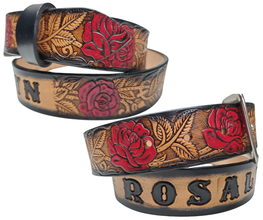 The Rose Bud Leather Name belt with a detailed Timeless Rose Vine pattern. This is the Deluxe version which means it has extra color added to enhance the pattern. Like our other belts it has snaps for easy change of buckles. It's our 9-10 oz veg-tan cowhide that's approx. 1/8" thick. It's embossed and hand stained and fitted with our standard Antique Silver over Solid brass buckle. These are made and shipped weekly only in our Smyrna, TN shop not far from Opry Mills Mall.