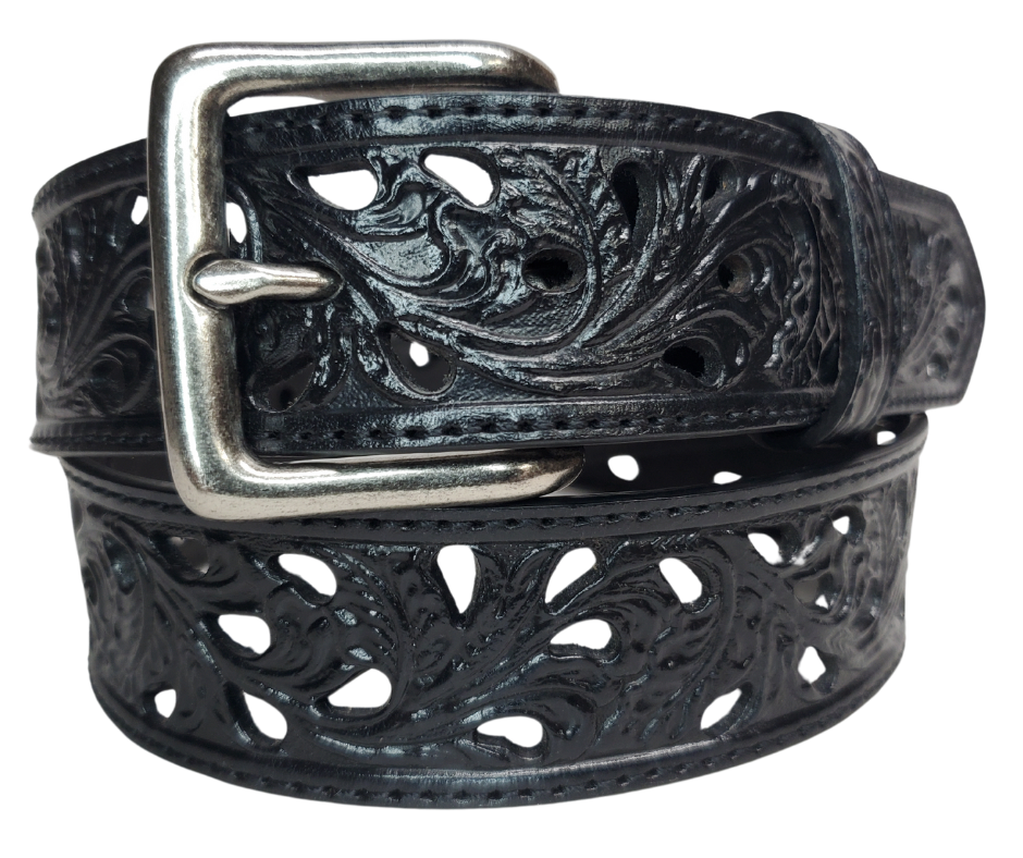 Add a touch of Western flair to your wardrobe with the Rose Filigree Belt. Its intricate cut-out design and black stitching make it truly one-of-a-kind. Stop by our Smyrna, TN store near Nashville to get yours today.  