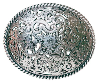 Classic oval with rope design around the border Rose with cutouts within the scroll pattern. It is Antique Silver colored  Measures approx. 3"tall by 4"wide and fits belts up to 1 1/2" wide.  It is available for purchase in our retail shop in Smyrna, TN, just outside Nashville and also on the online store. Imported