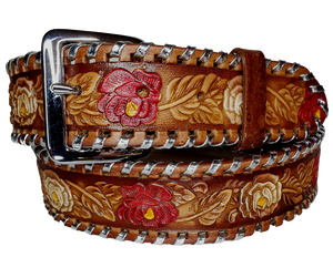 The Roses and Lace leather belt is a classic Vintage Throwback Style Western belt. Complete with silver Buck Lacing around the edge, embossed Red and White Roses design on a brown background. Full grain vegetable tanned cowhide, Includes Nickle plated buckle. Buckle snaps in place for easy changing if desired. In stock at our Smyrna, TN shop. 