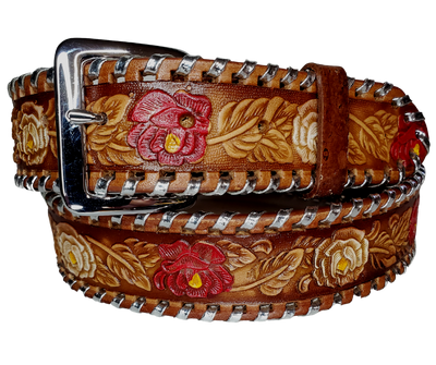 The Roses and Lace leather belt is a classic Vintage Throwback Style Western belt. Complete with silver Buck Lacing around the edge, embossed Red and White Roses design on a brown background. Full grain vegetable tanned cowhide, Includes Nickle plated buckle. Buckle snaps in place for easy changing if desired. In stock at our Smyrna, TN shop. 