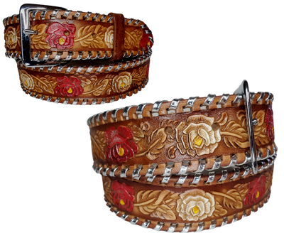 The Roses and Lace leather belt is a classic Vintage Throwback Style Western belt. Complete with silver Buck Lacing around the edge, embossed Red and White Roses design on a brown background. Full grain vegetable tanned cowhide, Includes Nickle plated buckle. Buckle snaps in place for easy changing if desired. In stock at our Smyrna, TN shop. 