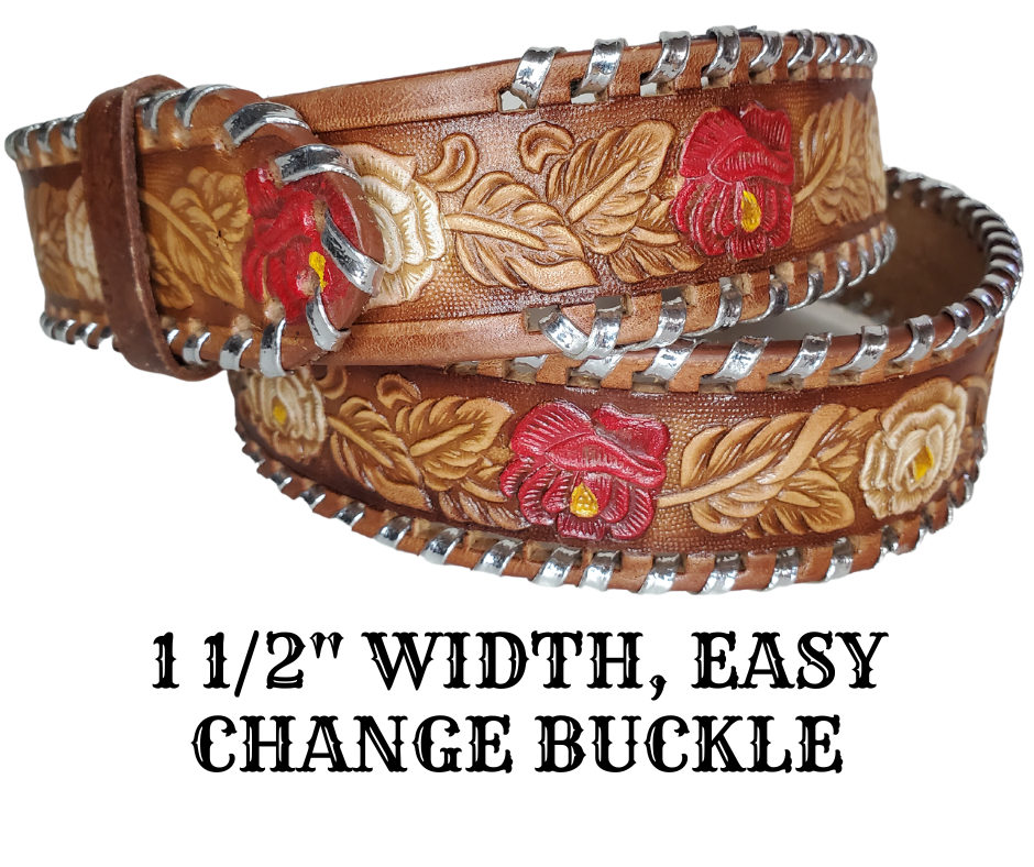 The Roses and Lace leather belt is a classic Vintage Throwback Style Western belt. Complete with silver Buck Lacing around the edge, embossed Red and White Roses design on a brown background. Full grain vegetable tanned cowhide, Includes Nickle plated buckle. Buckle snaps in place for easy changing if desired. In stock at our Smyrna, TN shop. 