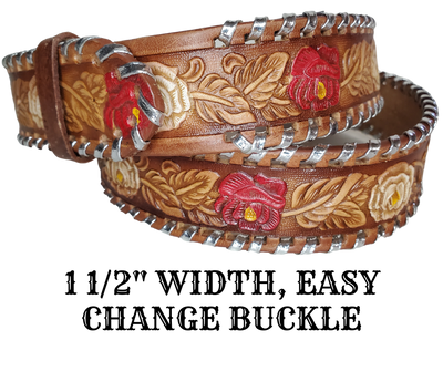 The Roses and Lace leather belt is a classic Vintage Throwback Style Western belt. Complete with silver Buck Lacing around the edge, embossed Red and White Roses design on a brown background. Full grain vegetable tanned cowhide, Includes Nickle plated buckle. Buckle snaps in place for easy changing if desired. In stock at our Smyrna, TN shop. 