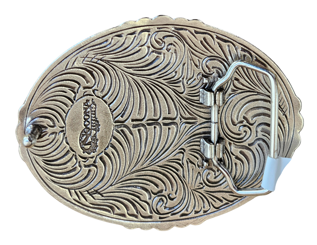 The Roses Longhorn Buckle is an oval shape in an antique silver finish. Displayed is a longhorn skull with roses in the center. The edges are beaded with turquoise stone accents. You can find it at our retail shop in Smyrna, TN, located just outside of Nashville.

Measuring 3" tall by 4" wide
Fit&
