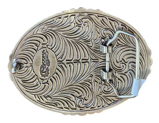 The Roses Longhorn Buckle is an oval shape in an antique silver finish. Displayed is a longhorn skull with roses in the center. The edges are beaded with turquoise stone accents. You can find it at our retail shop in Smyrna, TN, located just outside of Nashville.

Measuring 3" tall by 4" wide
Fit&