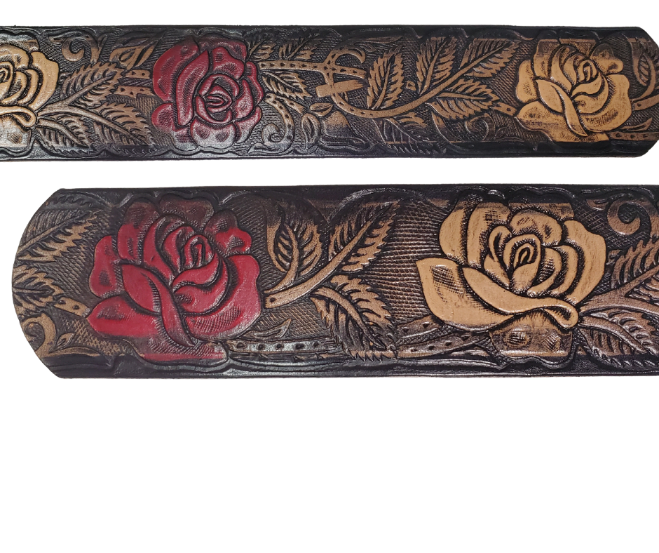 The Rose Bud Leather Name belt with a detailed Timeless Rose Vine pattern. This is the Deluxe version which means it has extra color added to enhance the pattern. Like our other belts it has snaps for easy change of buckles. It's our 9-10 oz veg-tan cowhide that's approx. 1/8" thick. It's embossed and hand stained and fitted with our standard Antique Silver over Solid brass buckle. These are made and shipped weekly only in our Smyrna, TN shop not far from Opry Mills Mall.