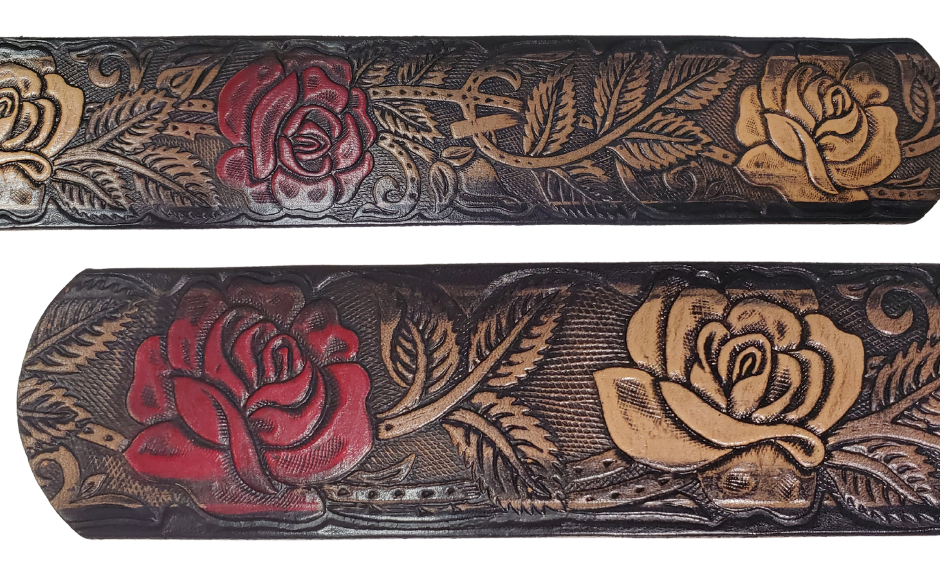 The Deluxe Rose Bud Leather Name belt with a detailed Timeless Rose Vine pattern. It has hand colored Roses with a Natural background with a faded Black border. Like our other belts it has snaps for easy change of buckles. It's our 9-10 oz veg-tan cowhide that's approx. 1/8" thick. It's embossed and hand stained and fitted with our standard Antique Silver over Solid brass buckle. These are made and shipped weekly only in our Smyrna, TN shop not far from Opry Mills Mall.;

1 1/2" WIDTH