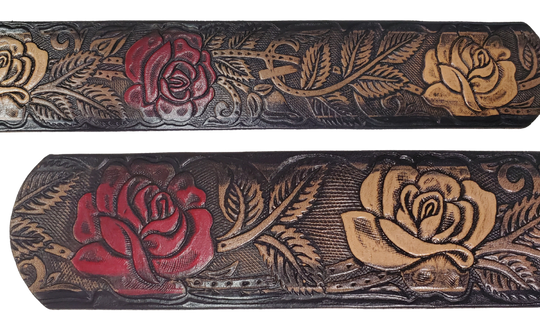 The Deluxe Rose Bud Leather Name belt with a detailed Timeless Rose Vine pattern. It has hand colored Roses with a Natural background with a faded Black border. Like our other belts it has snaps for easy change of buckles. It&