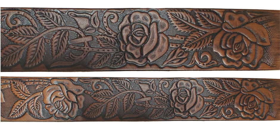 The Rose Bud Leather Name belt with a detailed Timeless Rose Vine pattern. Like our other belts it has snaps for easy change of buckles. It&