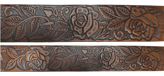 The Rose Bud Leather Name belt with a detailed Timeless Rose Vine pattern. Like our other belts it has snaps for easy change of buckles. It&