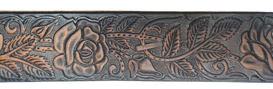 The Rose Bud Leather Name belt with a detailed Timeless Rose Vine pattern. Like our other belts it has snaps for easy change of buckles. It&