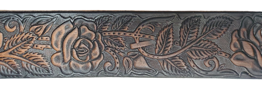 The Rose Bud Leather Name belt with a detailed Timeless Rose Vine pattern. Like our other belts it has snaps for easy change of buckles. It&