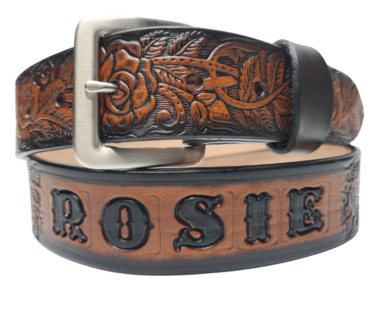 The Rose Bud Leather Name belt with a detailed Timeless Rose Vine pattern. Like our other belts it has snaps for easy change of buckles. It&