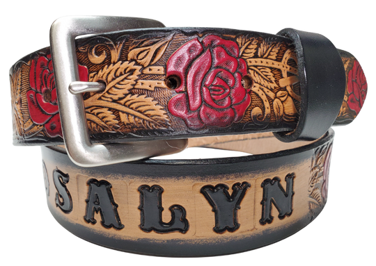 The Deluxe Rose Bud Leather Name belt with a detailed Timeless Rose Vine pattern. It has hand colored Roses with a Natural background with a faded Black border. Like our other belts it has snaps for easy change of buckles. It&