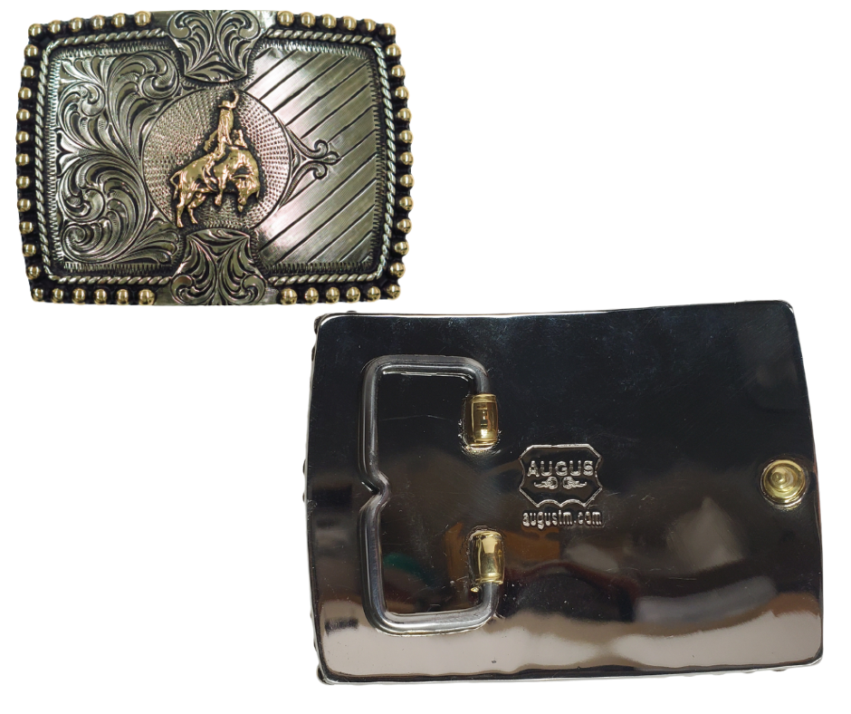 The Roughie buckle is made from German Silver (nickel and brass alloy) or iron metal base. Each piece is punched, cut, soldered, engraved, polished and painted by our talented metal workers. In order to give you the quality and long lasting final product we also plate each piece with copper, nickel and silver.  Our products are all handcrafted.   Finally each piece is covered with a heat sealed lacquer to ensure the piece's long lasting qualities. Available at our Smyrna, TN shop just outside of Nashville.