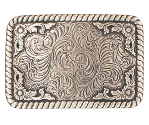 This rectangular shaped buckle by Nocona has rounded edges with rope design around the border. It is chrome colored with scroll design etched appearance on surface.&nbsp; Measures 2 3/4" tall by 3 3/4" wide and fits belts up to 1 1/2" wide.&nbsp; It is available for purchase in our retail shop in Smyrna, TN, just outside Nashville and also on the online store. 