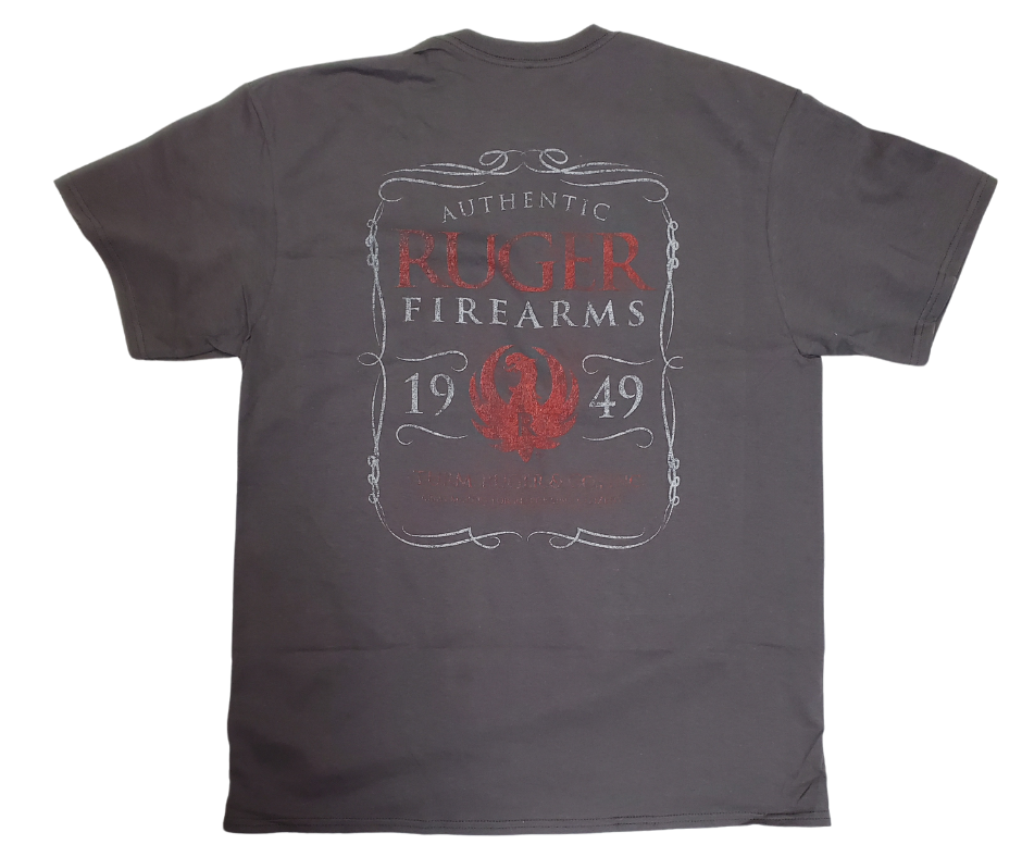 Red and White JD style 1949 RUGER Logo on the back of the short the Red Ruger Phoenix on the front left chest. Choose S thru 3X. Available online and in our shop in Smyrna, TN, just outside of Nashville.