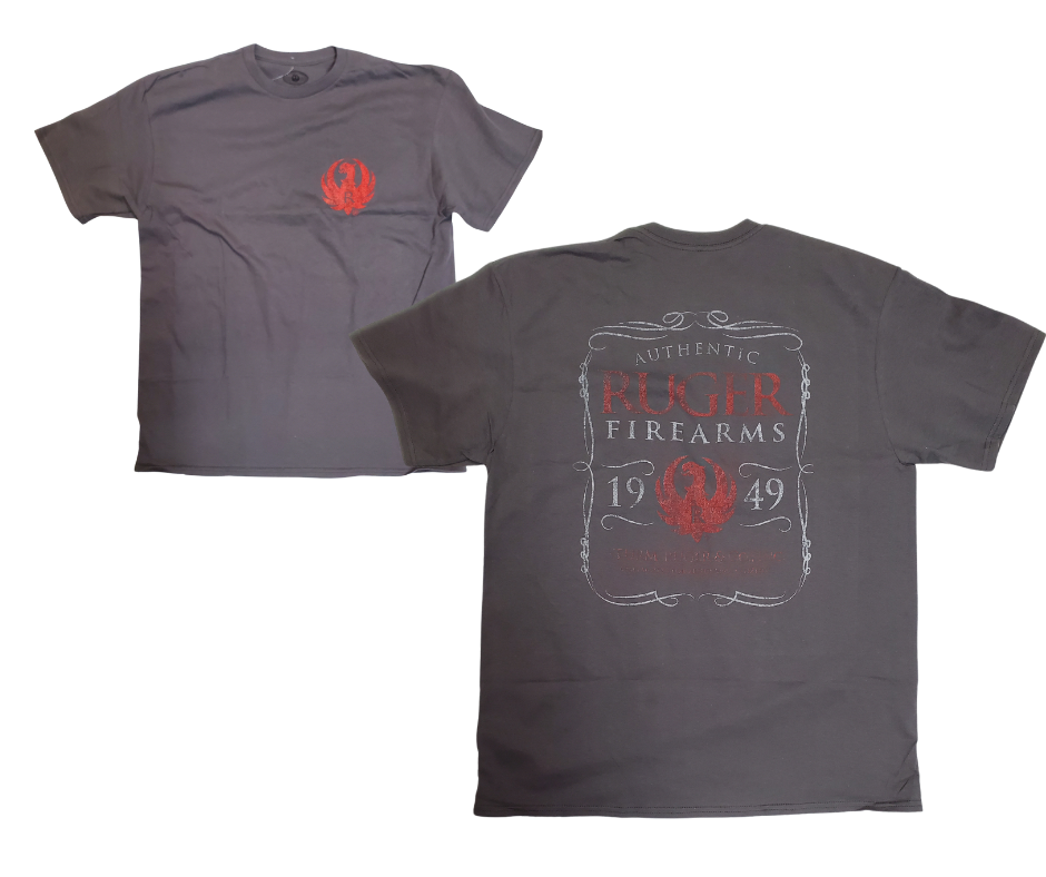 Red and White JD style 1949 RUGER Logo on the back of the short the Red Ruger Phoenix on the front left chest. Choose S thru 3X. Available online and in our shop in Smyrna, TN, just outside of Nashville.
