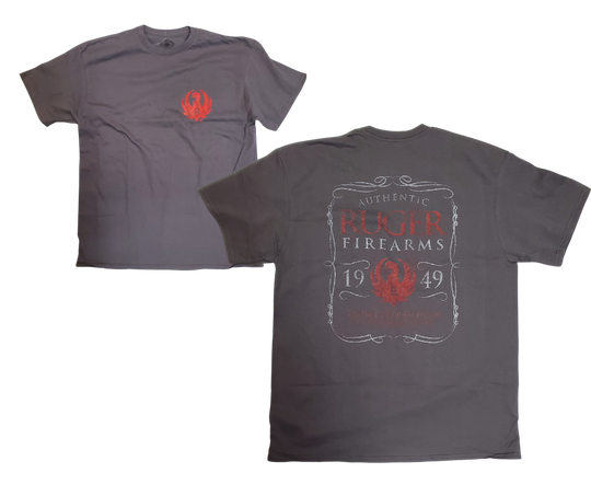 Red and White JD style 1949 RUGER Logo on the back of the short the Red Ruger Phoenix on the front left chest. Choose S thru 3X. Available online and in our shop in Smyrna, TN, just outside of Nashville.