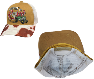 Show your Homestead roots with this Embroidered Trucker Cap! The Carhart brown twill front and white mesh back feature  graphic of an Tractor and a cowprint bill, plus an adjustable snap strap to perfectly fit any size head. Take a short trip outside Nashville to our Smyrna, TN shop and get yours now!  COLOR: BROWN/WHITE