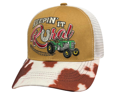 Show your Homestead roots with this Embroidered Trucker Cap! The Carhart brown twill front and white mesh back feature  graphic of an Tractor and a cowprint bill, plus an adjustable snap strap to perfectly fit any size head. Take a short trip outside Nashville to our Smyrna, TN shop and get yours now!  COLOR: BROWN/WHITE