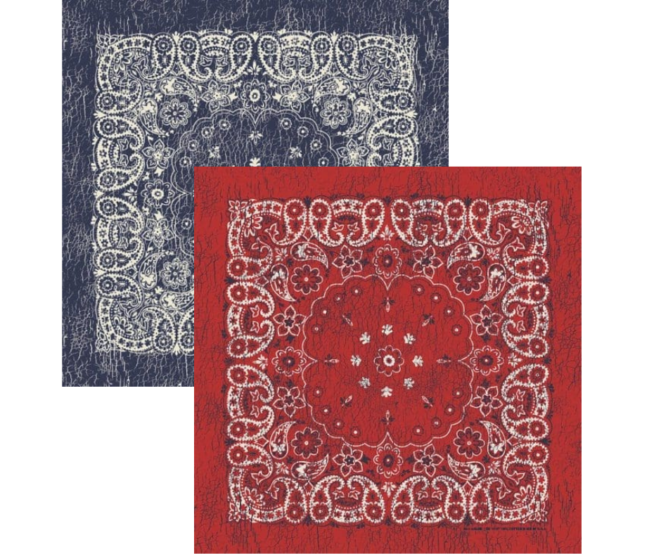 Rustic Paisleys are an updated look to the traditional bandana. A unique pattern with a distressed twist. Made in USA with 100% Cotton (One Sided Print Only) in 27"x 27". Bandanas have been around for over 75 years and are still a staple in culture whether it's a farmer, MC, or a Rock star.