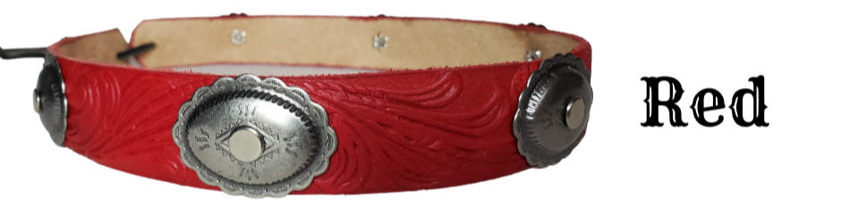 A classic Western Styled pattern with a Antique Southwest Sunburst concho completes our&nbsp;Rustler Hand Stained leather hatband. Band is 1" wide will fit up to size 7 1/2 hat. Matches our Rustler Belt. Fit's most any hat with adjustable bead and leather 1/8" string. Will fit most WESTERN crowned hats. Made in our Smyrna, TN. shop a short drive from downtown Nashville, TN.
