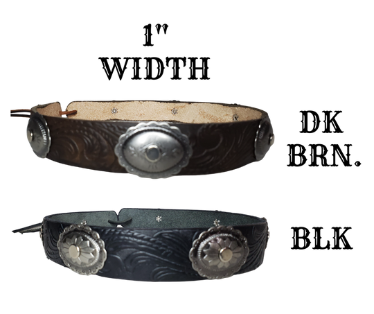 A classic Western Styled pattern with a Southwest Antique nickel concho completes our <b><i>Rustler Hand Stained</i></b> leather hatband. Band is 1" wide will fit up to size 7 1/2 hat. Matches our Rustler Belt. Fit's most any hat with adjustable bead and leather 1/8" string. Will fit most WESTERN crowned hats. Made in our Smyrna, TN. shop a short drive from downtown Nashville, TN.