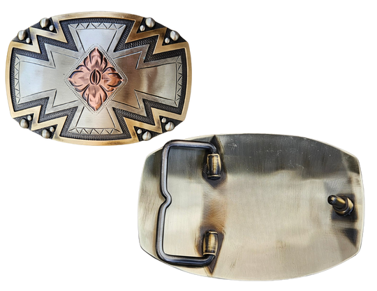 The Radiance Belt Buckle impresses an design idea that results from a bright fire with a Southwestern overtones. Made from German Silver and engraved and layered metals in a tri-color Southwestern design. Available in our Smyrna, TN shop, a short distance from Nashville.

Dimensions: Width 4”, Height 2.7”
Standard 1.5” Swivel