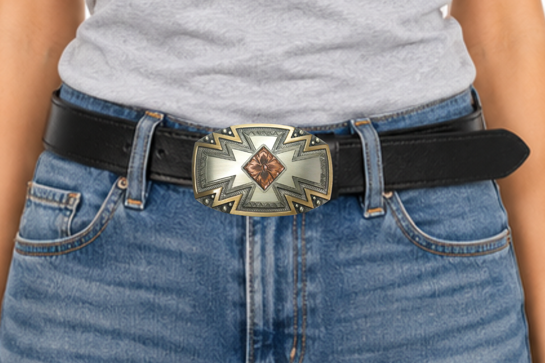 The Radiance Belt Buckle impresses an design idea that results from a bright fire with a Southwestern overtones. Made from German Silver and engraved and layered metals in a tri-color Southwestern design. Available in our Smyrna, TN shop, a short distance from Nashville.

Dimensions: Width 4”, Height 2.7”
Standard 1.5” Swivel