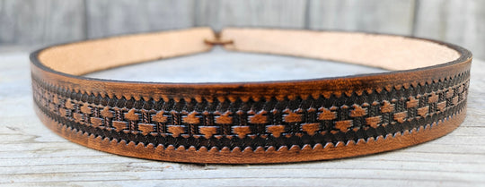 Our Rancho Basket Weave Western Styled Hatband is Hand Stained and is 3/4" in width. It will up to up to size 7 1/2 hat. Fit&
