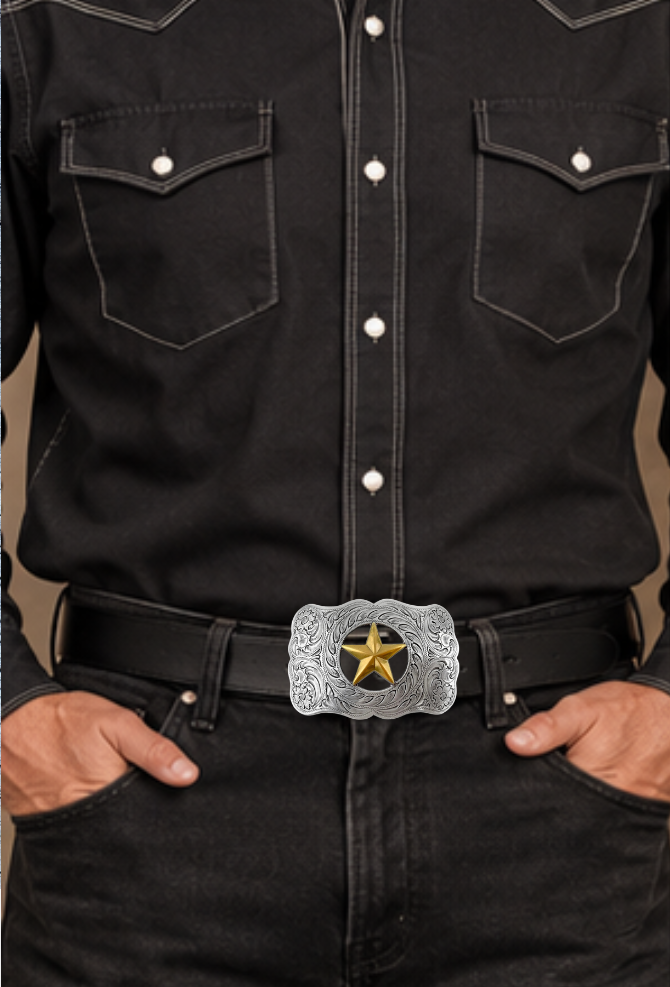 The Ranger Star Belt Buckle is nod to the Texas Rangers. Timeless western scroll with a Antique colored gold Star right in the middle of it&