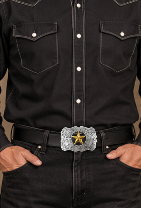 The Ranger Star Belt Buckle is nod to the Texas Rangers. Timeless western scroll with a Antique colored gold Star right in the middle of it&