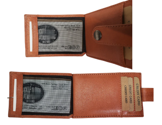 Need a slim, stylish way to carry just the essentials? Look no further than The "Reagan" Card Wallet! With 5 slots for cards (including a spot for your I.D.), a snap strap for added security, and RFID protection, this soft leather stacker comes in 5 chic colors. Available now at our Smyrna, TN location - a quick rideshare away from the bustling streets of downtown Nashville!