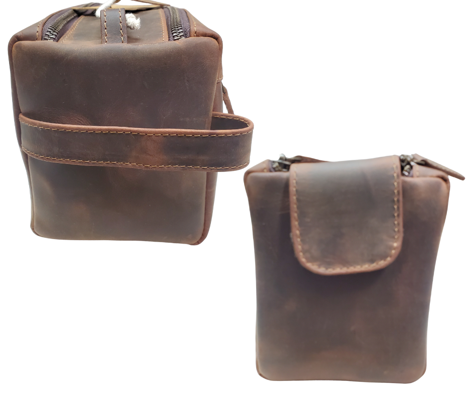 The Representative, a Distressed Brown Leather traveling Dopp bag, is available at our Smyrna, TN shop not far from Nashville. It has one outside zip pocket, side handle, and a two-zipper & closure with hook-and-loop securing the end. Spacious main compartment with a zip pocket on one side and three elastic loops on the other side. Lined with a slick fabric.
Bag size: 9.25” x 3.5” x 5.5”