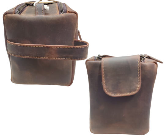 The Representative, a Distressed Brown Leather traveling Dopp bag, is available at our Smyrna, TN shop not far from Nashville. It has one outside zip pocket, side handle, and a two-zipper & closure with hook-and-loop securing the end. Spacious main compartment with a zip pocket on one side and three elastic loops on the other side. Lined with a slick fabric.
Bag size: 9.25” x 3.5” x 5.5”