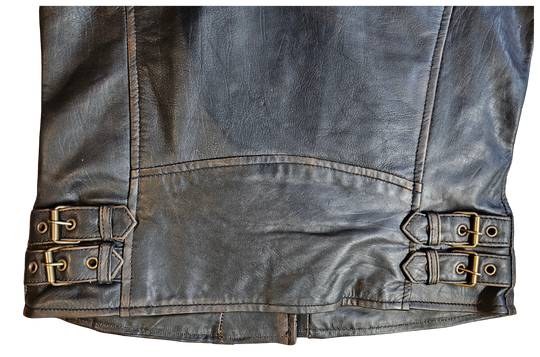 The Timeless MC style Rhiannon Jacket in Soft and supple Distressed Brown leather. Black lining. Antique brass hardware. 4 outside pockets, 2 inside conceal carry pockets, 4 waist straps for adjustments. Ride to Smyrna, TN outside of Nashville and gets yours. Sizes XS-5XL.