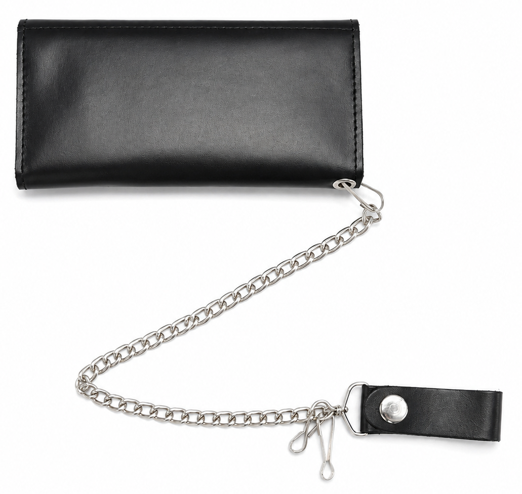The Road Dog Tri-fold Biker Wallet is a lightweight leather thin profile chain wallet with a basic chrome plated chain that is detachable. Snap-button closure, 5 credit card slots, 1 clear ID window, 1 zippered coin pocket, 3 full-length storage pockets for cash, receipts, or additional cards. Offered in a black and brown. Closed Size: 7" L × 3.5" H. Available at our Smyrna, TN shop, near Nashville.