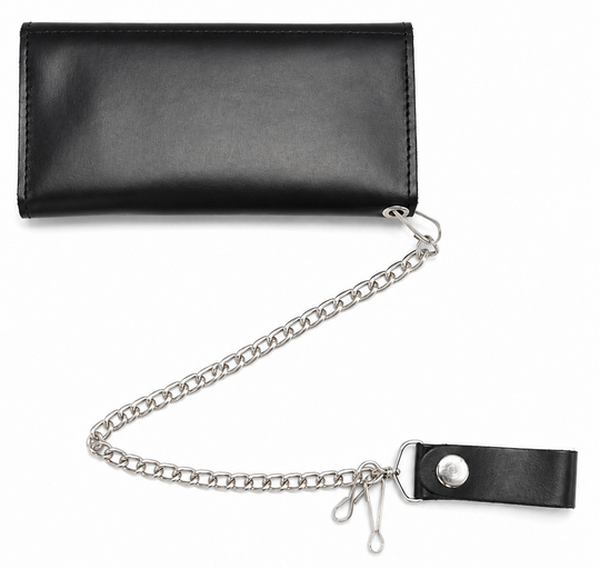 The Road Dog Tri-fold Biker Wallet is a lightweight leather thin profile chain wallet with a basic chrome plated chain that is detachable. Snap-button closure, 5 credit card slots, 1 clear ID window, 1 zippered coin pocket, 3 full-length storage pockets for cash, receipts, or additional cards. Offered in a black and brown. Closed Size: 7" L × 3.5" H. Available at our Smyrna, TN shop, near Nashville.