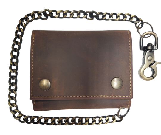 Popular Distressed brown RFID Secure Tri-fold Chain Wallet. 2 cash slots, 4 card slots, I.D. slot, zippered pocket for all your stash. Will darken with a nice patina with use. It&