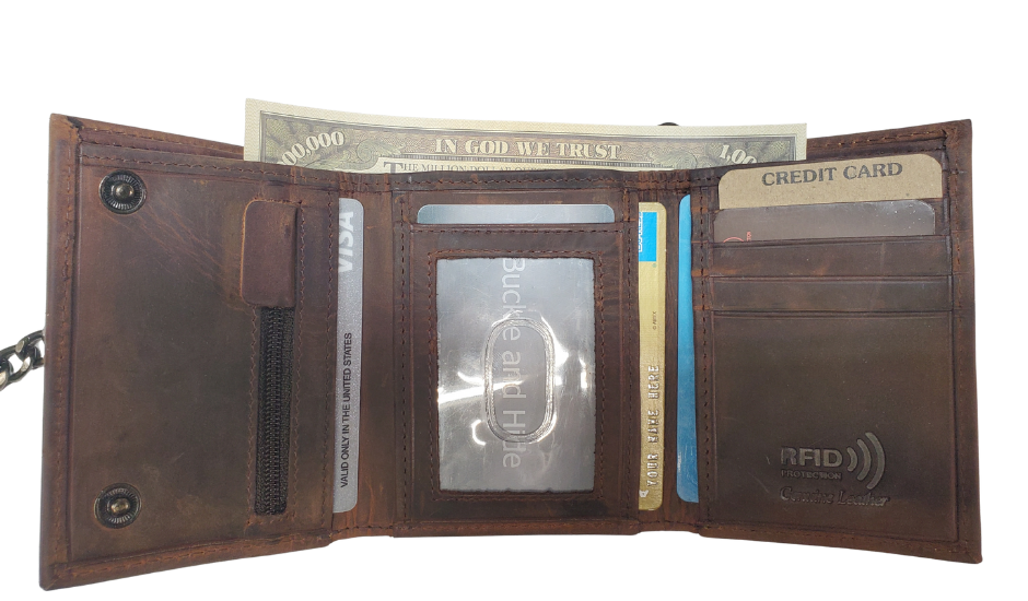 Inside view. Popular Distressed brown RFID Secure Tri-fold Chain Wallet. 2 cash slots, 4 card slots, I.D. slot, zippered pocket for all your stash. Will darken with a nice patina with use. It&