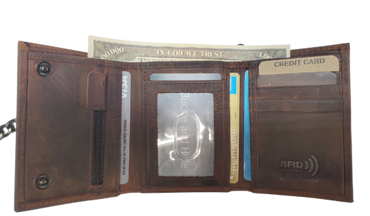 Inside view. Popular Distressed brown RFID Secure Tri-fold Chain Wallet. 2 cash slots, 4 card slots, I.D. slot, zippered pocket for all your stash. Will darken with a nice patina with use. It&